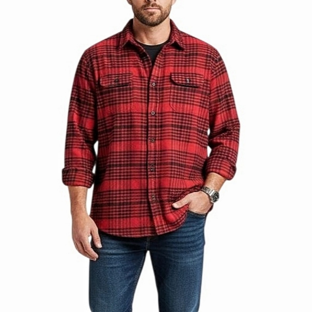 Woolrich Brawny Flannel Shirt Button Down Rugged Red Black Plaid Size XL